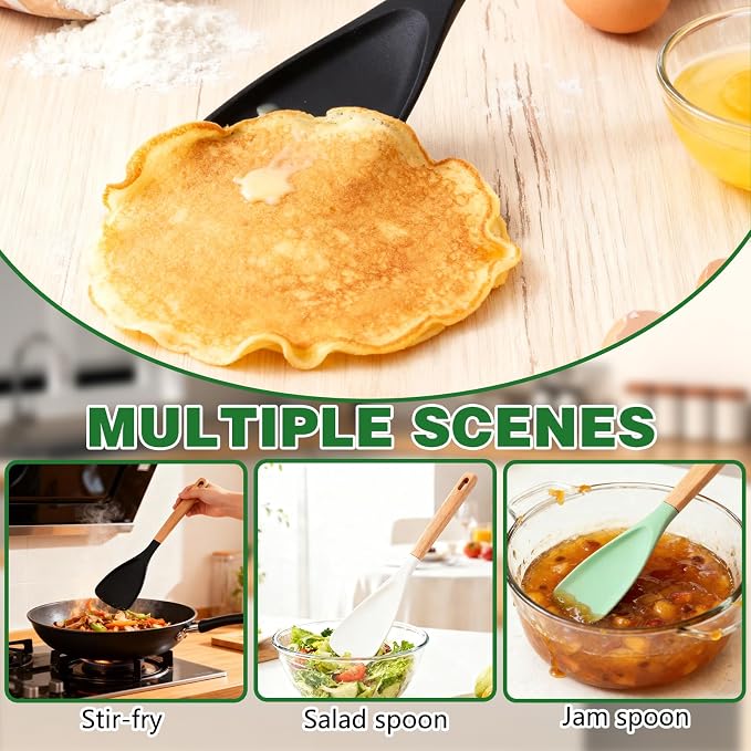 3Pack Cedar and Ash Spoonula–Multi Function Spatula Cooking Spoon with Wooden Handle,Heat Resistant & Nonstick Kitchen Utensils Safe Silicone Head Spoon for Mixing,Stirring,Scooping,Flipping,Serving