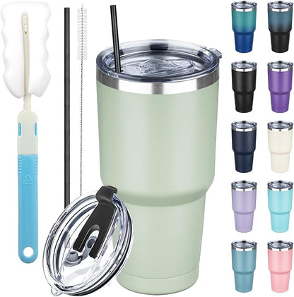 30 oz Tumbler with Lids and Straws, Stainless Steel Insulated Coffee Tumbler, Double Wall Vacuum Insulated Travel Mug Cup, Leakproof Thermal Coffee Cup for Hot and Cold Drinks (Green Tea)