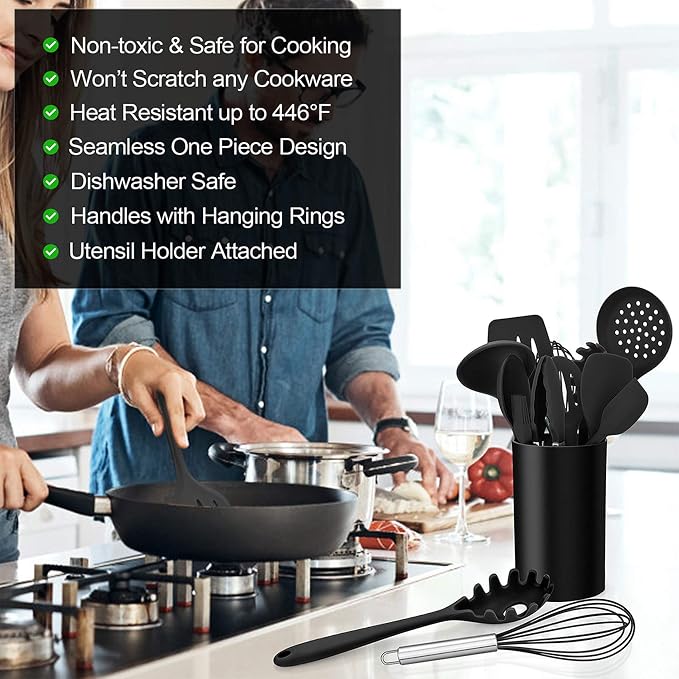 LIANYU 12-Piece Black Silicone Kitchen Cooking Utensils Set with Holder, Kitchen Tools Include Slotted Spatula Spoon Turner Ladle Tong Whisk, Dishwasher Safe