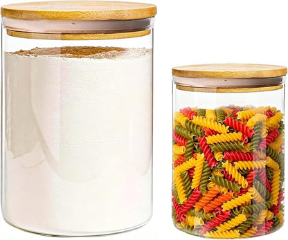2-piece large capacity glass storage jar with sealed bamboo and wood lid transparent glass container suitable for flour eggs coffee beans tea biscuits and grains