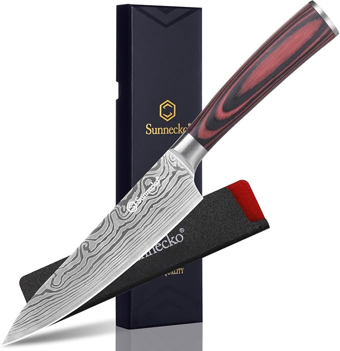 Sunnecko 5.5 Inch Small Chef Knife - Ultra Sharp 12-15 Degree Edge Kitchen Knife for Meat Vegetable Cutting Japanese Style with Sheath, High Carbon Stainless Steel Blade, Cooking Father Day Gift