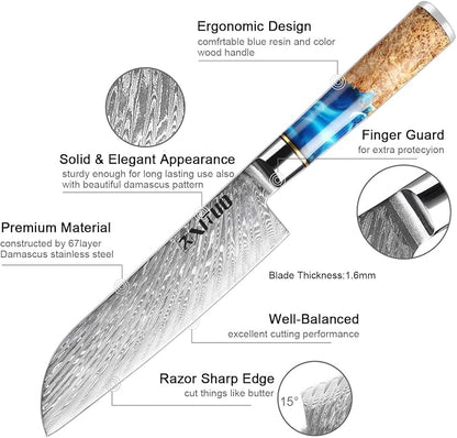 XITUO 7-Inch Santoku Knife, 67-Layer Japanese Damascus Steel Chef Knife, Ultra Sharp Kitchen Knife with Ergonomic Blue Resin & Wood Handle, Gift Box