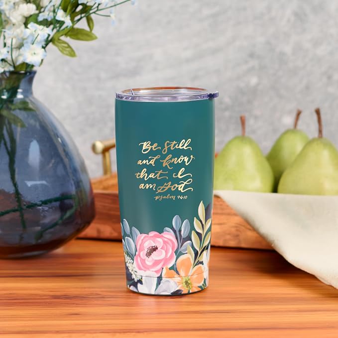 Christian Art Gifts Large Stainless Steel Inspirational Travel Mug Tumbler for Women: Be Still & Know Encouraging Scripture, Vacuum Insulated, Hot/Cold, Retractable Lid, Teal Multicolor Foral, 18 oz.