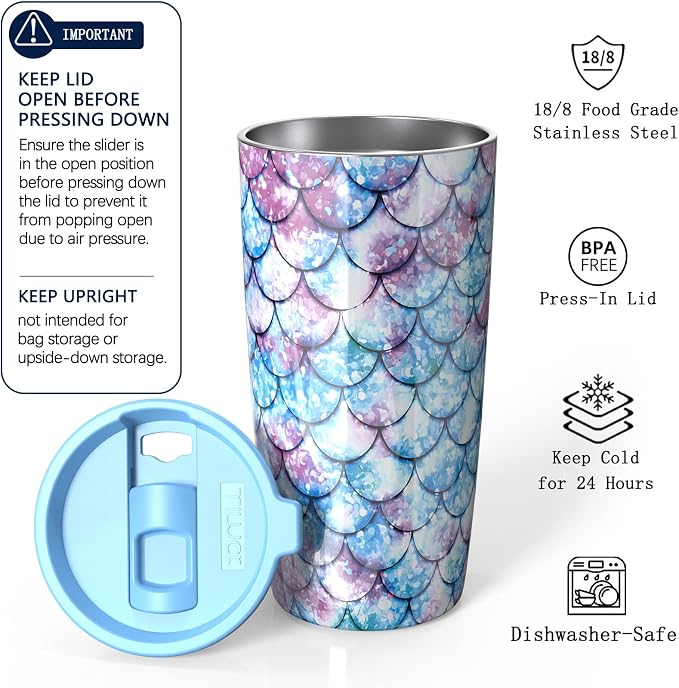 TILUCK 20 oz Insulated Tumbler with BPA-Free Lid, Stainless Steel Vacuum Travel Coffee Mug, Double Wall Coffee Tumbler（20oz，FishScales）