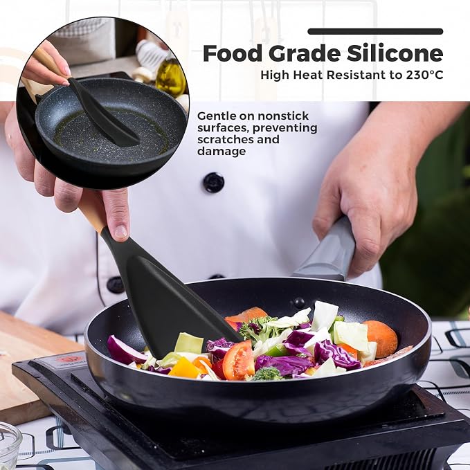Reallnaive 4 Pack Cooking Spatula Spoon for Nonstick Cookware 12 Inch Silicone Multifunction Kitchen Spoon with Wood Handle for Cooking Serving Mixing Scoop and Scrape for Pots Pans Skillets (Black)