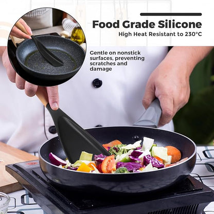 Reallnaive 4 Pack Cooking Spatula Spoon for Nonstick Cookware 12 Inch Silicone Multifunction Kitchen Spoon with Wood Handle for Cooking Serving Mixing Scoop and Scrape for Pots Pans Skillets (Black)