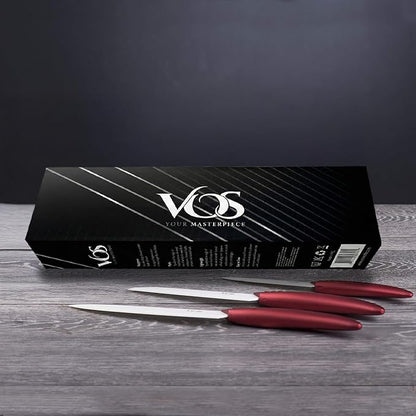 Vos Ceramic Knife Set in Elegant Gift Box, Ceramic Knives Set For Kitchen, Ultra Sharp Kitchen Knife Set with Covers, 4" 5" 6" Paring, Santoku & Chef Knife, Lightweight, Dishwasher safe (Red Handle)