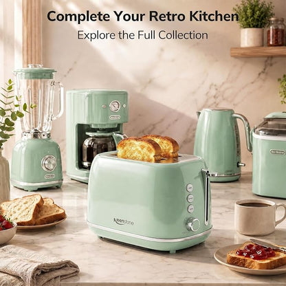 2 Slice Stainless Steel Toaster Retro with 6 Bread Shade Settings, Bagel, Cancel, Defrost Function, Extra Wide Slot, Removable Crumb Tray Green