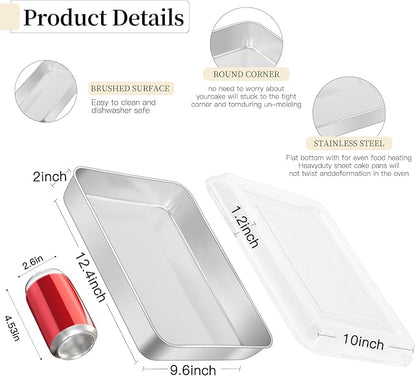 Stainless Steel Baking Pan with Lid, 2-Pack Rectangular Cake Pan Set, Non-Toxic & Heavy Duty Metal Bakeware for Brownie, Lasagna, Casserole, Roasting, Dishwasher Safe
