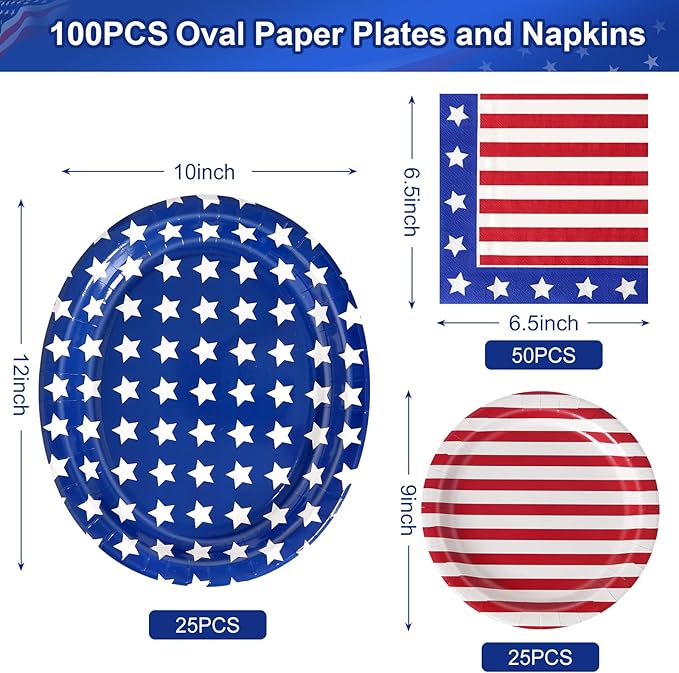 100 PCS Patriotic Paper Plates and Napkins | Bundle Includes Paper Oval Dinner Plates Dessert Plate and Napkins for 4th of July Independence Day Party Supplies