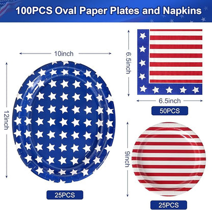 100 PCS Patriotic Paper Plates and Napkins | Bundle Includes Paper Oval Dinner Plates Dessert Plate and Napkins for 4th of July Independence Day Party Supplies