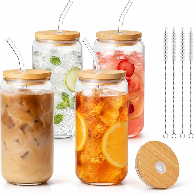 Glass Cups with Lids and Straws Set of 4, 16 oz Can Glasses with Bamboo Lids and Glass Straws, Iced Coffee Cups for First Apartments, Couples, Coffee Bar and Daily Drinks