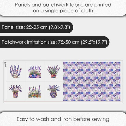 Lavender Patchwork Cotton Fabric Panel – 6 Designs (10×10 inch Each) + Bonus Sheet 29.5×19.6 inch, 100% Cotton 140 GSM, Made in Türkiye