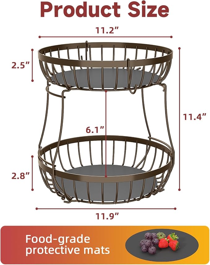Sevenblue 2 Tier Fruit Basket for Kitchen Counter with 2 Banana Hangers, 2026 Pro Detachable Metal Fruit Bowl with Wooden Handle,Fruit Holder for Bread Snack Veggies, Brown Extra Large