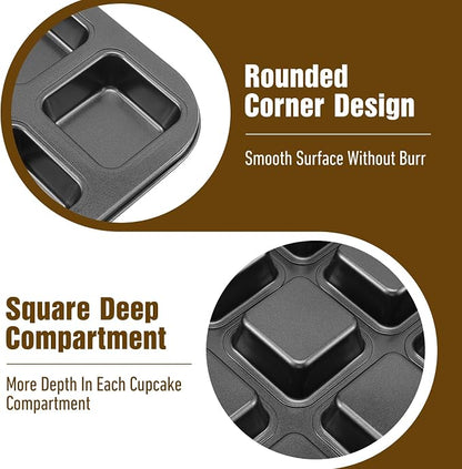 2 Pack Mini Brownie Pan with Dividers, Brownie Bite Pan, 12 Cavity Square Cupcake Pans, Non-Stick Carbon Steel Baking Tray for Individual Brownies, Cakes & Cookies