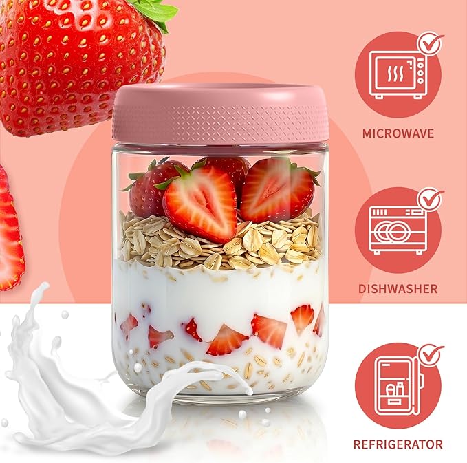 6 Pack Overnight Oats Containers with Lids, 16oz Wide Mouth Mason Jars, Glass Mason Jars with Airtight Lids, Sugar Bowls, Overnight Oats Jars for Yogurt, Meal Prep, Chia Pudding