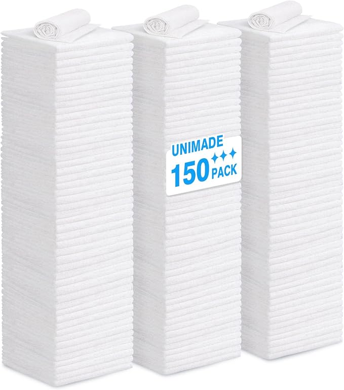 UNIMADE Shop Towels Rags, 150 Pack Reusable Shop Rags Bulk Microfiber Cleaning Cloth Lint Free Cleaning Towels for Car Kitchen Automotive Bar Mechanic Restaurant Garage, 11.5"x 11.5", White