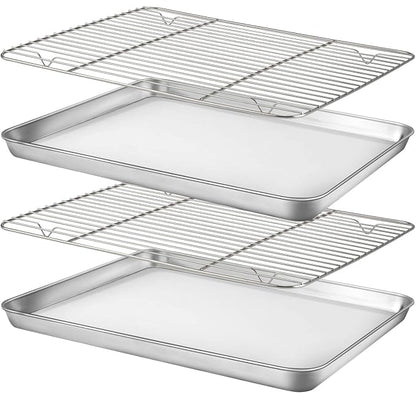 HUSHIDA Stainless Steel Baking Sheet Pan Set, 16 x 12 inches, Includes 2 Sheets + 2 Cooling Racks, Silver, Chemical Free