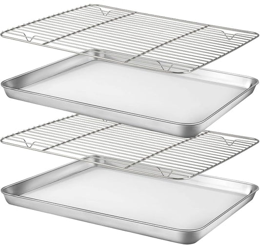 HUSHIDA Stainless Steel Baking Sheet Pan Set, 16 x 12 inches, Includes 2 Sheets + 2 Cooling Racks, Silver, Chemical Free