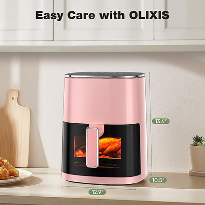 OLIXIS Air Fryer 6 Quart with Window Square Air Fryer 12-in-1 Air Fry, Roast, Reheat, Dehydrate, Bake, Steam, Fries, Custard, Chicken, Wings, Sea Food, Vegetabels,400F Pink