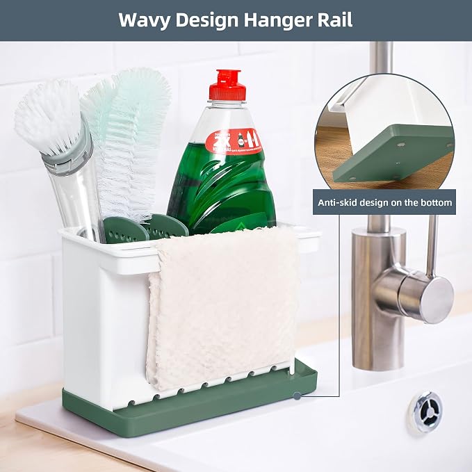 JOMOLA Kitchen Sink Organizer Dish Brush Sponge Holder Caddy Toothbrush Holders for Bathrooms Sinkware Kitchen Utensil Holder Sink Caddy Organizer with 4 Separate Dividers Removable Drain Tray (Green)