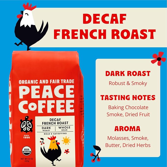 Peace Coffee Decaf French Roast | 20 oz Whole Bean Dark Roast | Organic Fair Trade | Rich, Bold Flavor | Shade Grown, Fresh Roasted