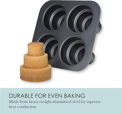 Chicago Metallic Mini Multi-Tier Round Cake Pan, Makes 4 Individual 3-Tier Celebration Cakes, Professional Grade Non-Stick Bakeware for Weddings, Showers, Parties
