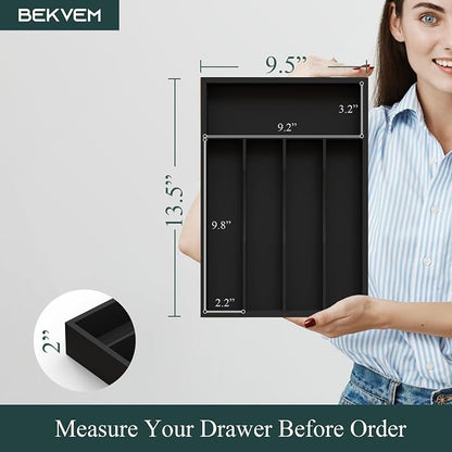 Bamboo Silverware Organizer, Kitchen Drawer Organizer, Utensil Holder, Cutlery Tray & Spoon Flatware Storage with Grooved Drawer Dividers (Black, 9.5''W x 13.5''D)