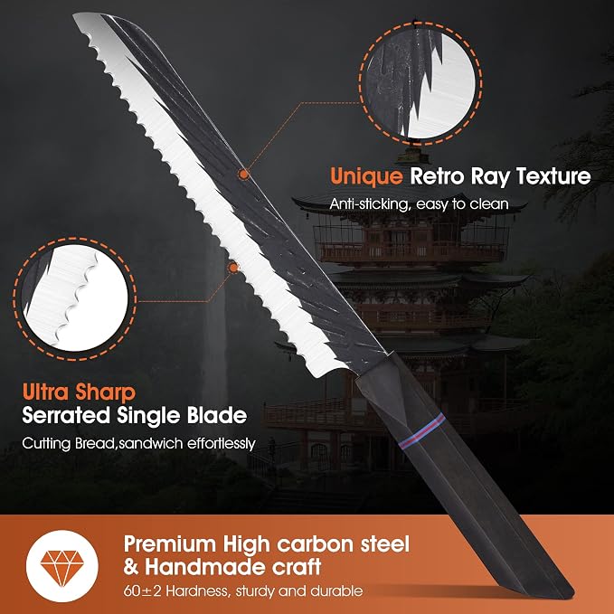 ROCOCO Sharp Serrated Bread Knife - Bread Cutter Slicer Knife Meat Cleaver for Home Kitchen 7.4" Birthday Father Mother Christmas Gift Idea