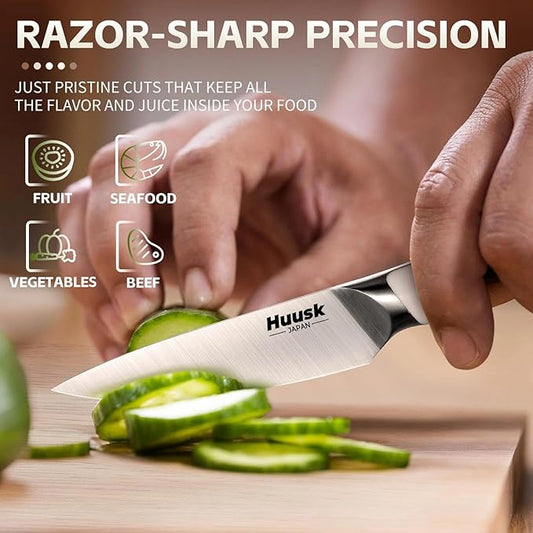 Huusk Paring Knife Ultra Sharp, 3.5" Small Kitchen Knife with Ergonomic Ivory White Handle Well-balanced Vegetable Fruit Knives for Peeling Coring Cutting Present Gift to Men Women