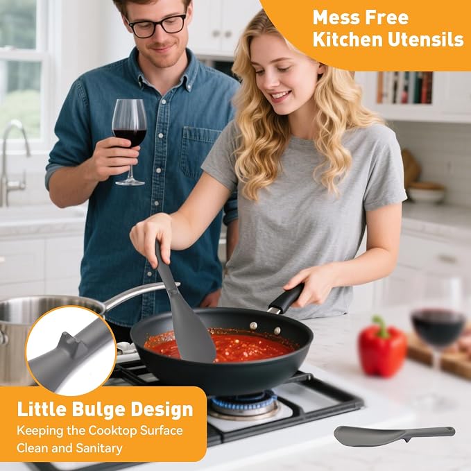 12.6" Extra Long Silicone Spatula Spoon for Nonstick Cookware, Seamless One-Piece Design Cooking Spoon with Built-in Tool Rest for Mixing, Scoop and Scrape, Dishwasher Safe, 2 Pack, Gray