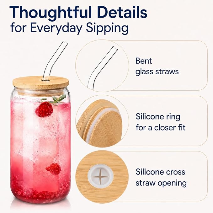 Glass Cups with Lids and Straws Set of 6, 16 oz Can Glasses with Bamboo Lids and Glass Straws, Iced Coffee Cups for Small Kitchens, Soda, Smoothies and Daily Drinks