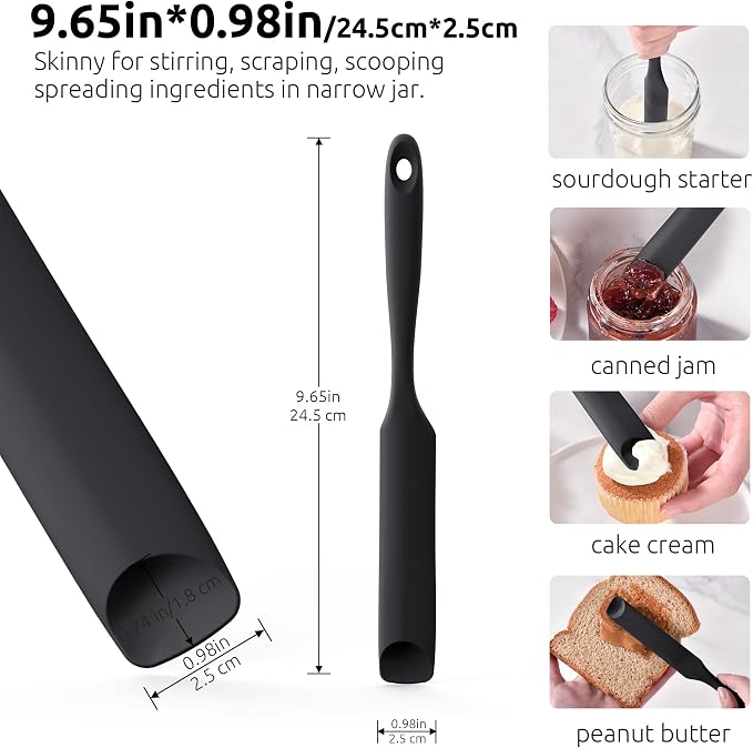 U-Taste Silicone Jar Spatula for Sourdough Starter: Long Skinny Food-Grade Jam Spreader, Sturdy Stirring Stick Bowl Scraper with Flexible Spoon Tip, Mixing Icing Tool, Peanut Butter Knife (Black)