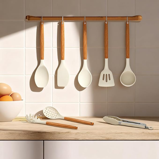 Kitchen Utensils Set - 12 Pcs Silicone Cooking Utensils Set with Wooden Handle - Heat Resistant Non-Stick BPA Free Spatula Set,Turner, Spoon, Brush, Silicone Kitchen Gadgets Utensil Set