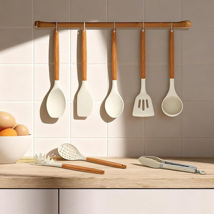 Kitchen Utensils Set - 12 Pcs Silicone Cooking Utensils Set with Wooden Handle - Heat Resistant Non-Stick BPA Free Spatula Set,Turner, Spoon, Brush, Silicone Kitchen Gadgets Utensil Set