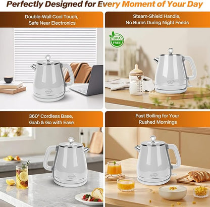 Retro Electric Kettle 1.8L, All Stainless Steel Hot Water Electric Kettle for Boiling Water, 1350W BPA Free Tea Kettle, Electric Tea Kettles Automatic Shut Off, Boil-Dry Protection,Pearl White
