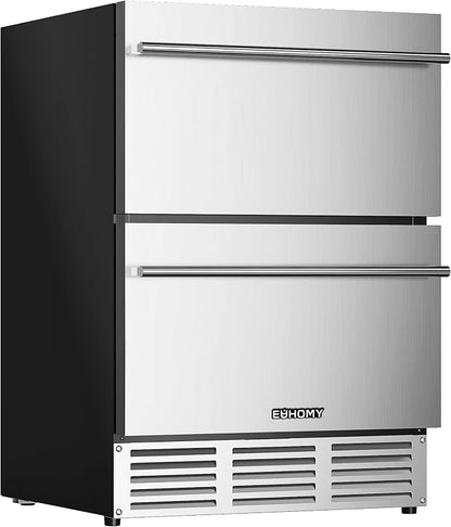 EUHOMY 24 Inch Under Counter Double Drawer Fridge, Weather Proof Stainless Steel Outdoor Beverage Refrigerator for Patio, Built-in Beverage Fridge for Home & Commercial Use Stainless Steel Silver