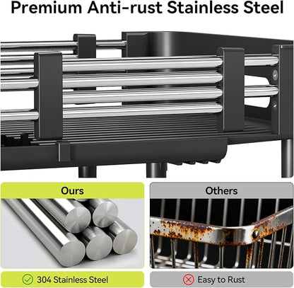 Urackify Stainless Steel Dish Drying Rack - Dish Drainer for Kitchen Counter, Extendable Drainboard with Foldable, Space-Saving Cup & Bowl Organizer, Includes Knife and Utensil Holder, Black