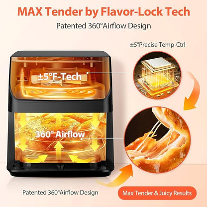 Beelicious Large Air Fryer, 12-in-1 Digital Airfryer with Window, 5.8Qt, 40+ Recipes, Flavor-Lock Tech, Dishwasher Safe,Shake Reminder, Compact, Quiet, Nonstick Air Fryers. Black