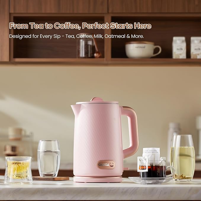 OLEGA Electric Kettle: 1200W Fast Boil Electric Water Kettles, 1.5L Double Wall Stainless Steel Tea Kettle, Auto Shut-Off, BPA-Free Hot Water Boiler Teapot for Coffee & Tea -Light Pink