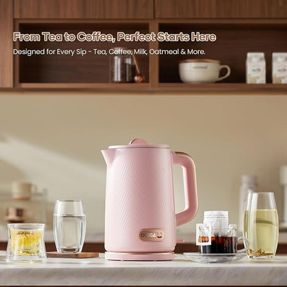 OLEGA Electric Kettle: 1200W Fast Boil Electric Water Kettles, 1.5L Double Wall Stainless Steel Tea Kettle, Auto Shut-Off, BPA-Free Hot Water Boiler Teapot for Coffee & Tea -Light Pink
