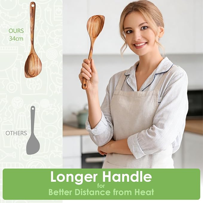 HOWHONG Corner Spoon Wooden Cooking Utensil, Long Handle Acacia Wood Spoon for Cooking, Large Head for Pan Edges, Smooth Finish, Nonstick Cookware Safe, Bare Wood Feel for Daily Kitchen Use