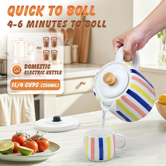 1.0-Liter Ceramic Electric Kettle, 1000W Rapid Boil, Tea Kettles Pot & Hot Water Boiler For Coffee & Tea, Teapot Auto Shut-Off, Boil-Dry Protection (A17)