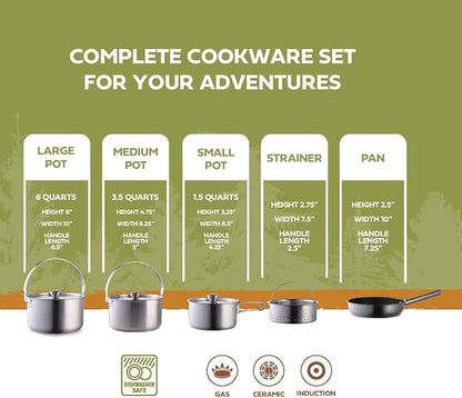 Camping Cookware Set 304 Stainless Steel 8-Piece Pots & Pans Open Fire Cooking Kit | Frying Pan Steamer with Travel Tote Bag | Compact For Outdoors & Indoors Kitchen Campfire Hiking RV