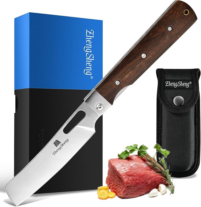 ZhengSheng Folding Chef Knife with Nylon Pouch 4.8" Sharp 440A Stainless Steel Blade Wooden Handle Pocket Foldable Japanese Style Kitchen Knife for Outdoor Camping Cooking
