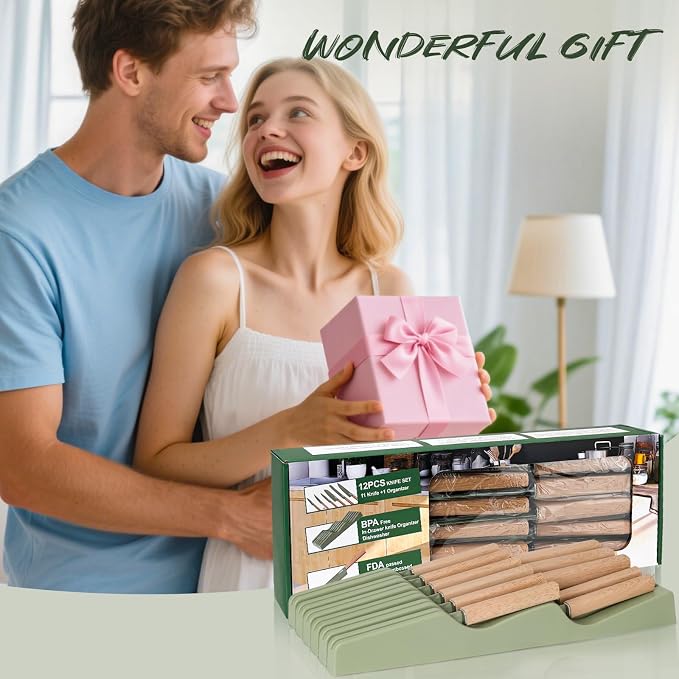 12-Piece Modern Green Knife Block Set with Drawer Organizer, Stainless Steel Knife Set, 6 Steak Knives, Non-Stick Coated Blades