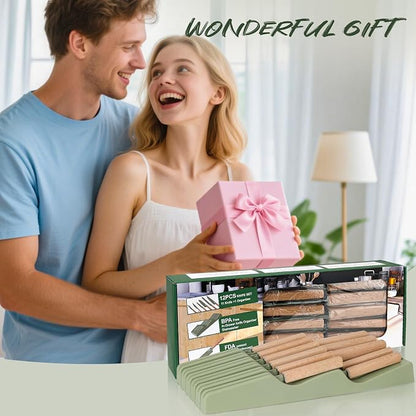12-Piece Modern Green Knife Block Set with Drawer Organizer, Stainless Steel Knife Set, 6 Steak Knives, Non-Stick Coated Blades