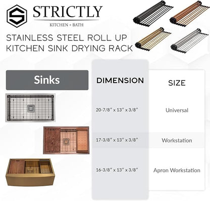 Strictly Sinks Stainless Steel Roll Up Dish Drying Rack – Copper 17 Inch Over The Sink Drying Rack Ideal for Workstation Sinks Only – Multipurpose Foldable Kitchen Dish Rack (17-3/8″ x 13″ x 3/8″)