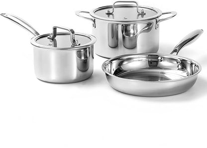 Cooking pots including glass lids, frying pan, set of 3 pots/pan, Ø16cm, Ø20cm, Ø26cm, dishwasher-safe, pots for induction, fully lined 3-ply stainless steel