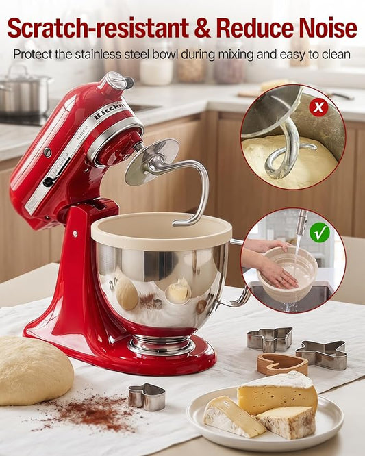 Silicone Bowl Liner for KitchenAid Tilt-Head 5QT Mixers, Kitchen Aid Accessories and Attachments for Baking and Cooking, Fits 5 Quart Mixing Bowl with Lids(Beige, 5QT)